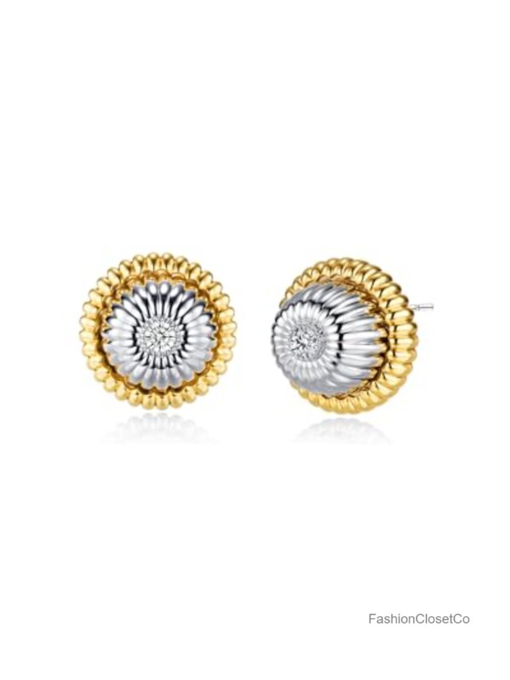 18K Gold Plated Silver Plated CZ Two Toned Stud Ribbed Earrings